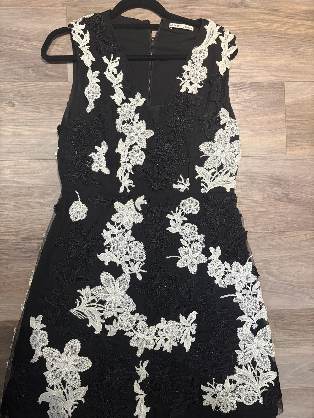 Alice + Olivia Black Midi Dress with White Floral Lace Appliqué and sequins.